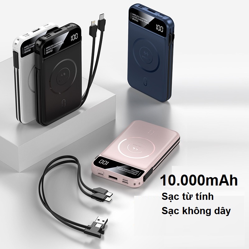 Sạc dự phòng không dây từ tính 10000mAh, kèm dây cáp sạc gắn liền, đèn led báo pin cao cấp
