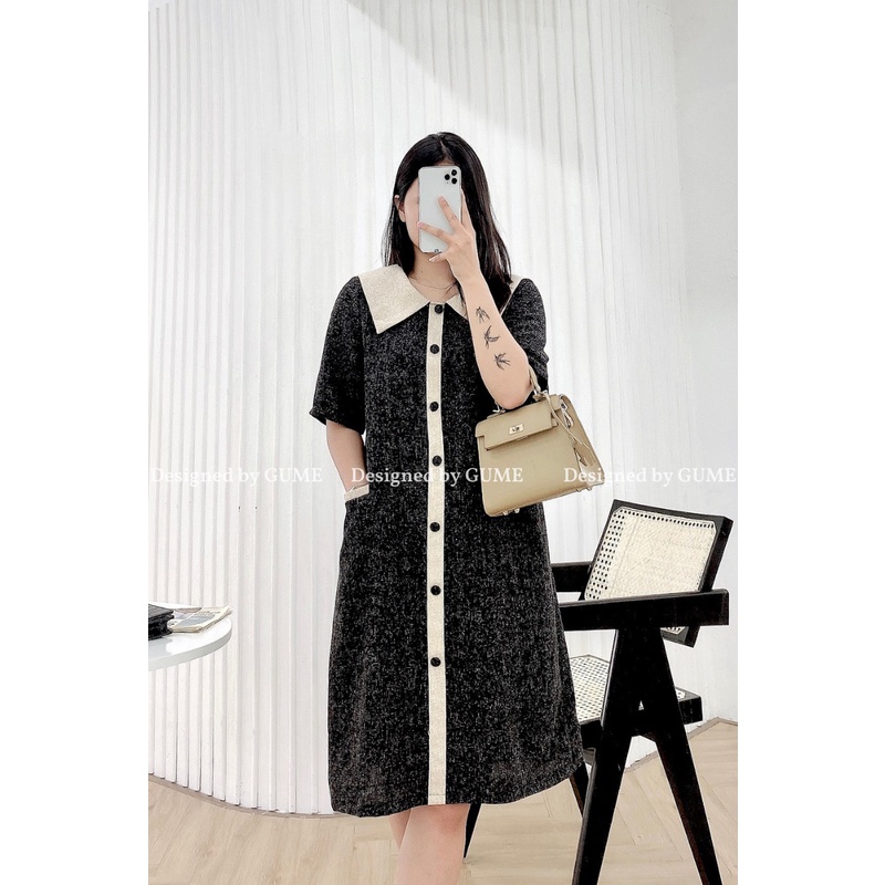 Váy bầu bigsize - Đầm bầu thiết kế GuMe DẠ TĂM CAO CẤP 2 MÀU BE-ĐEN cúc bọc sang chảnh GM047