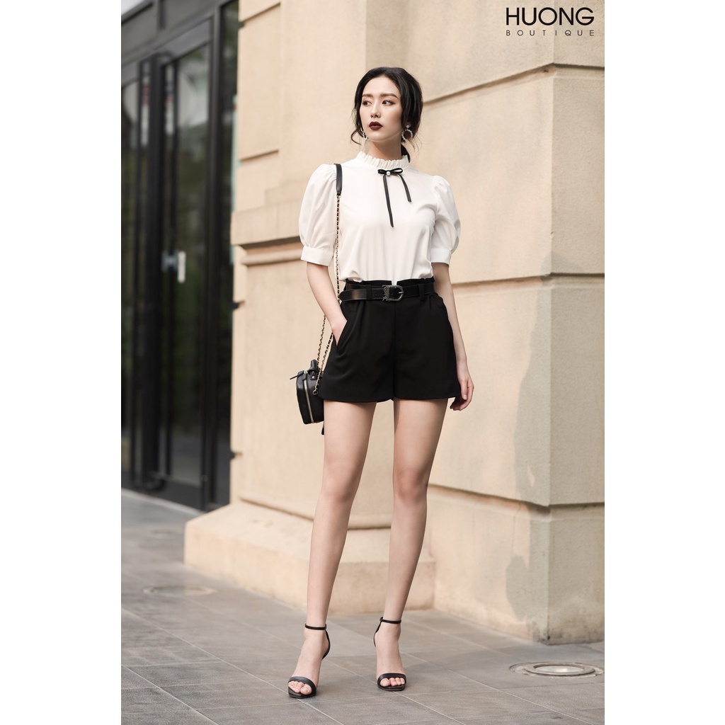 Áo sơ mi trắng HB HUONGBOUTIQUE cổ nơ, công sở, tay cộc bồng nhẹ, trẻ trung  - HBSM526