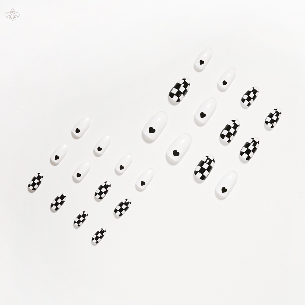 Bộ 24 Móng Tay Giả Màu Trắng Đen Kiểu Sọc Caro Có Thể Tháo Rời Tiện Dụng