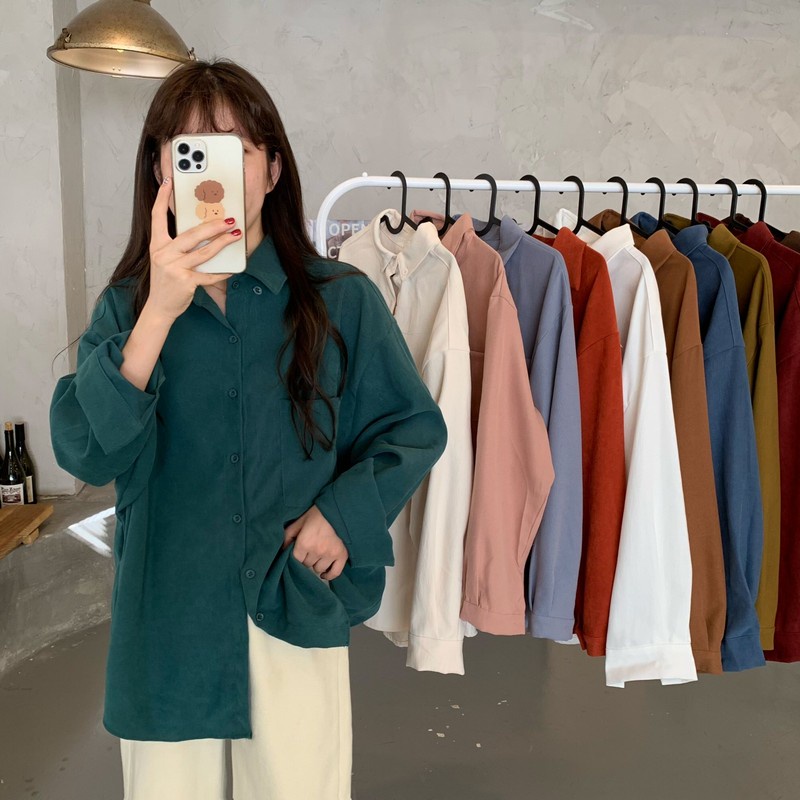 Áo sơ mi dài tay nhung tăm nam nữ nhiều màu oversize, Áo khoác ngoài sơ mi nam nữ chất nhung tăm, lì form rộng tay dài
