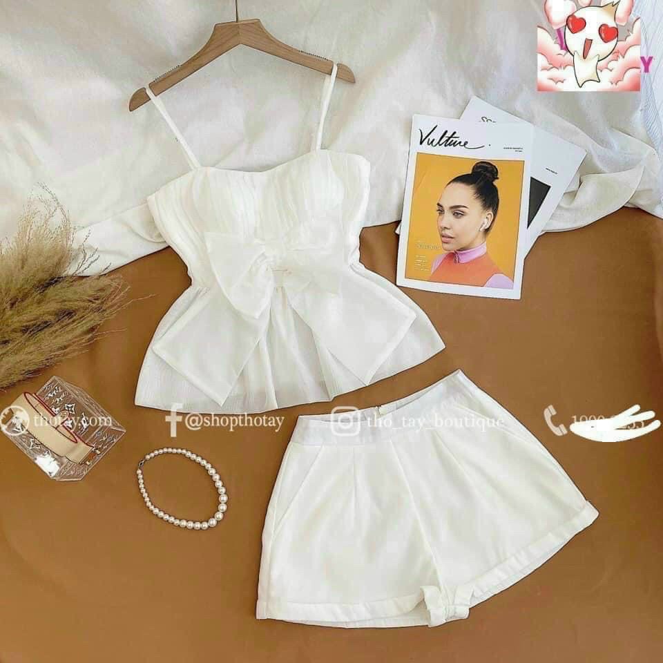 Sét bộ đồ nữ áo hai dây kết nơ có mút kèm quần đùi