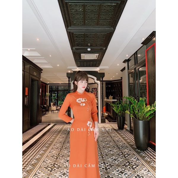 Áo dài Cam thêu cành hoa, Áo dài Lụa tây thi mã T120