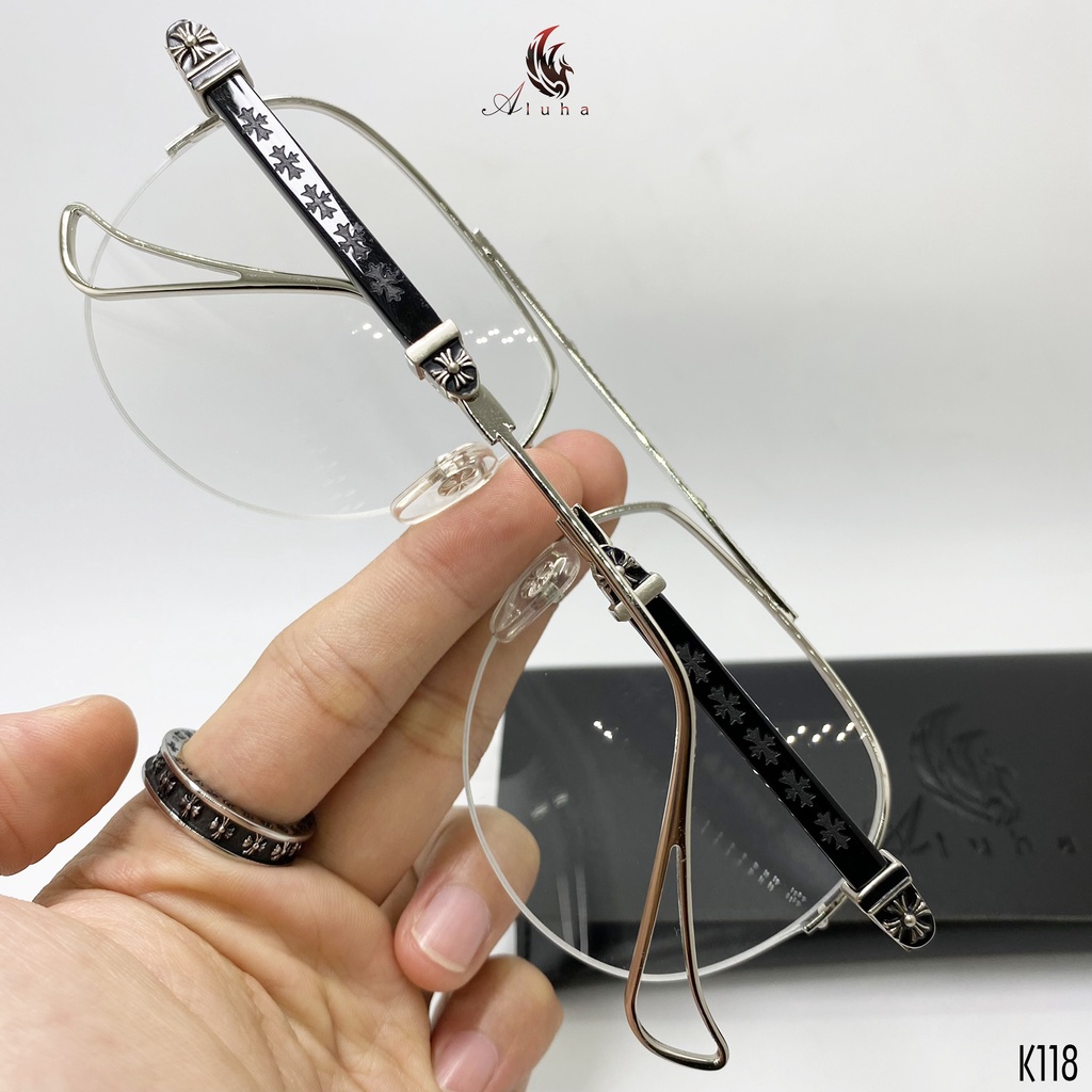 Gọng kính Chrome Heart tròng chống ánh sáng xanh kiểu dáng phi công nửa gọng - K118 - Aluha