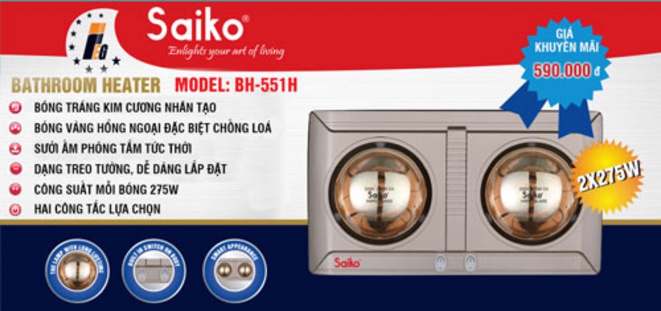 Đèn sưởi nhà tắm 2 bóng saiko BH-551H