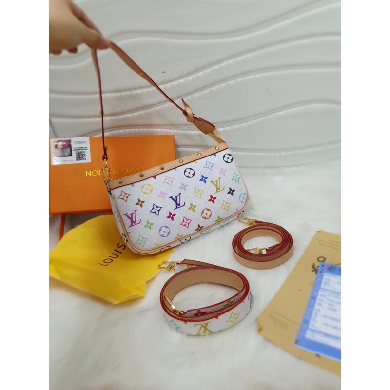 Túi Lv kẹp nách trắng hoa 7 màu viền đinh Fullbox