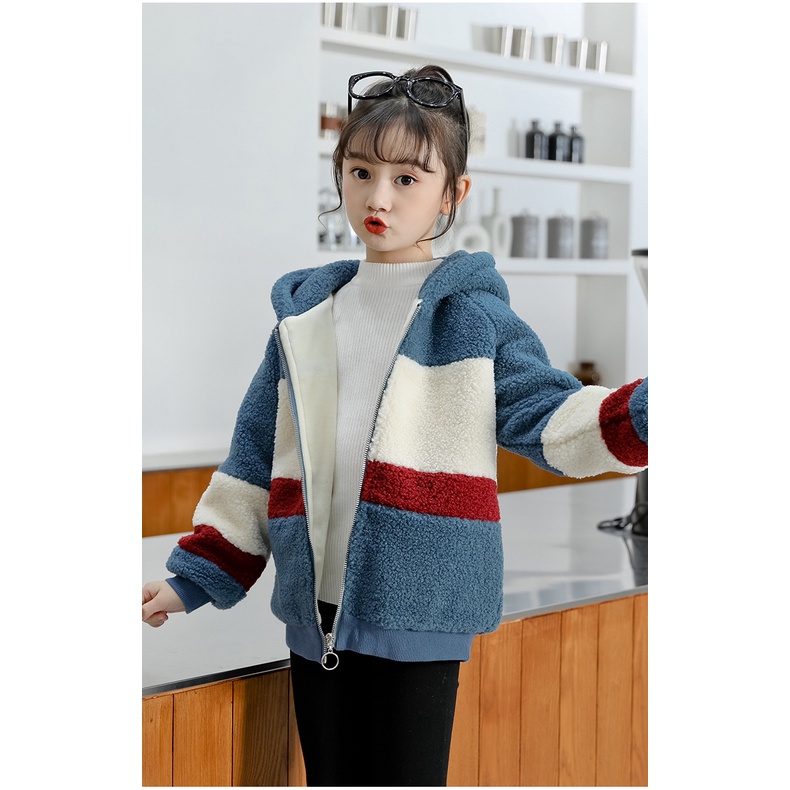Áo khoác len dày IQ ANGEL ấm áp thời trang phối màu tương phản cho bé gái