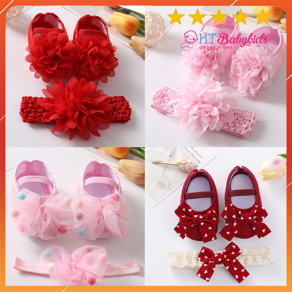 Set Giày Băng Đô Tiểu Thư Cho Bé Gái Sơ Sinh Đầy Tháng Thôi Nôi - Giày Tập Đi Cho Bé Baby