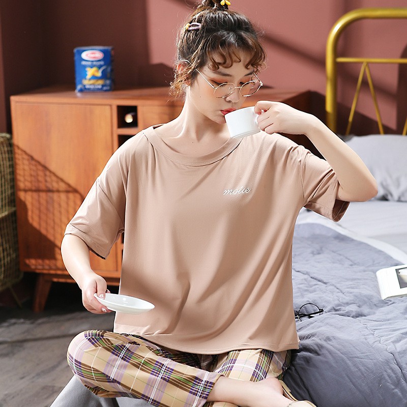 Bộ Ngủ, Set Mặc Nhà Cộc Dài Áo Trơn Quần Caro vải cotton thun sữa CDTT01