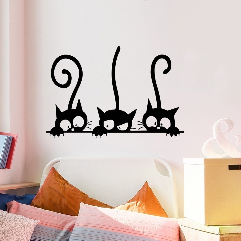 Sticker Dán Tường PVC Chống Thấm Nước Hình Ba Chú Mèo Đen Đáng Yêu Kích Thước 20X30CM