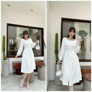 Đầm midi đầm dáng dài cổ vuông tay dài chất cotton thêu