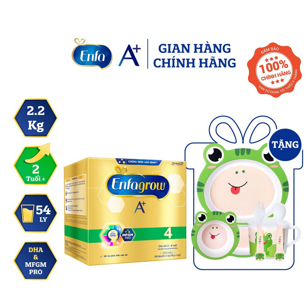 [Tặng 1 Bộ Khay Ăn Dặm Bằng Tre Hình Ếch] Sữa Bột Enfagrow A+ 4 Với DHA Và MFGM Cho Trẻ Từ 2-6 Tuổi – Hộp Giấy 2.2Kg