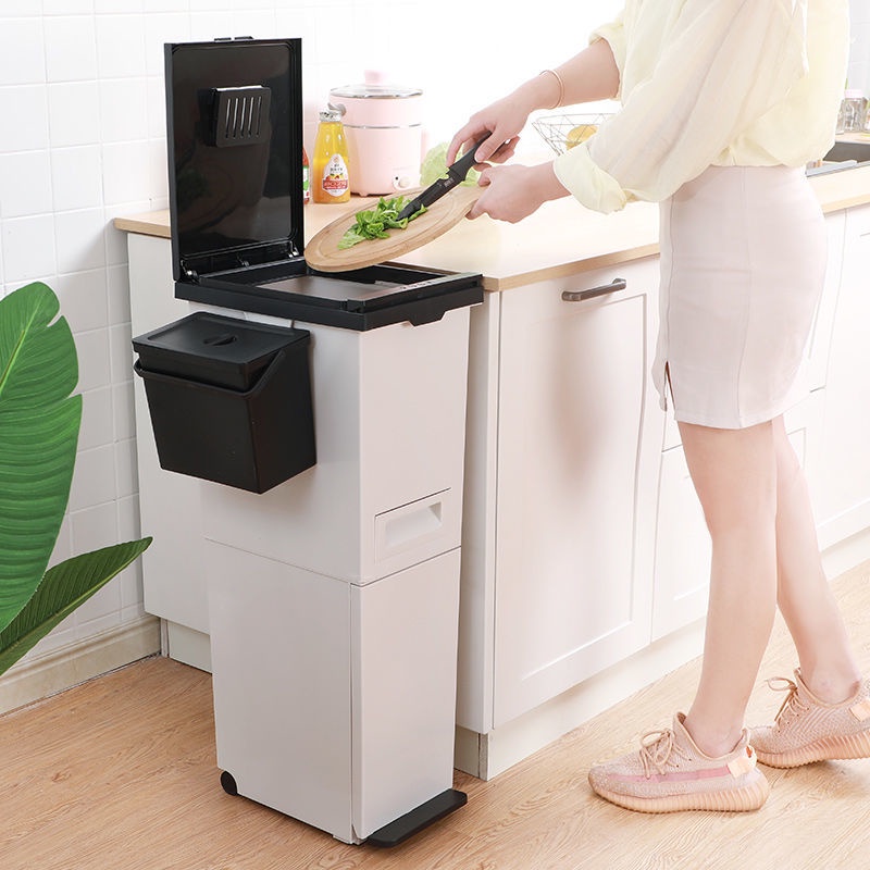 ♝✜▪Phân loại rác nhà bếp gia đình cảm ứng thông minh hai lớp có nắp đậy Bệ bước chân lớn kiểu Nhật trên thùng rác xi lan
