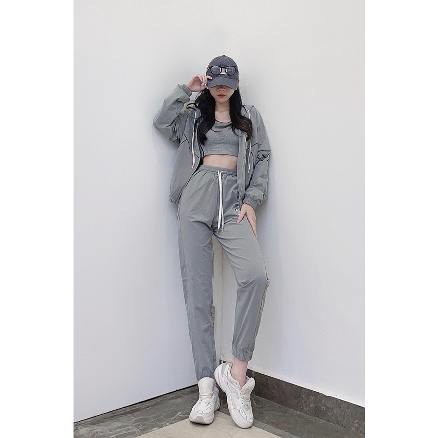 (HÀNG XUẤT XỊN) Set gió nữ M//L//B Xám có mũ e về hàng sẵn Chất gió si giãn 2 lớp mùa đông mặc rất phù hợp và tiện lợi