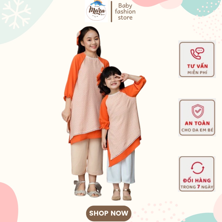 Áo Dài Lụa Cho Bé Gái Hàng Thiết Kế Cao Cấp Độc Lạ Phối Ren 2 Tầng Xinh Xắn MARUHOUSE