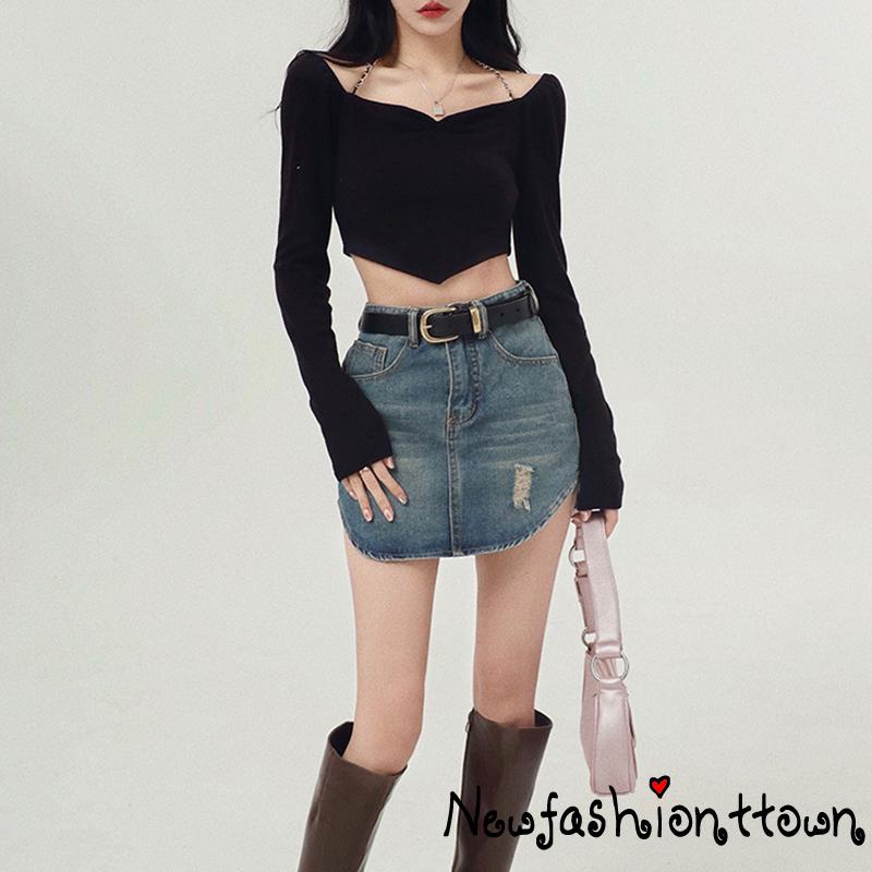 NFashion-Women´s Crop Tops Chain Halter Shoulder Cutout Long Sleeve Irregular Hem Slim Fit Short Tops