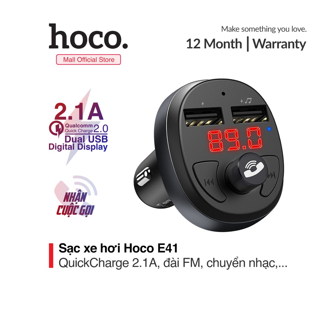 Sạc ô tô Hoco E41 2 cổng USB, hỗ trợ gọi rảnh tay một chạm, tích hợp microphone, nghe nhạc cao cấp