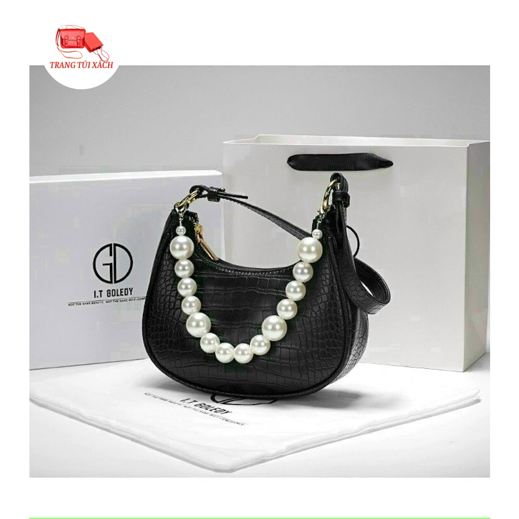 Túi Kẹp Nách Túi Xách Nữ Đeo Vai Dáng Thuyền Da Vân Kèm Dây Ngọc Sang Chảnh TTX88