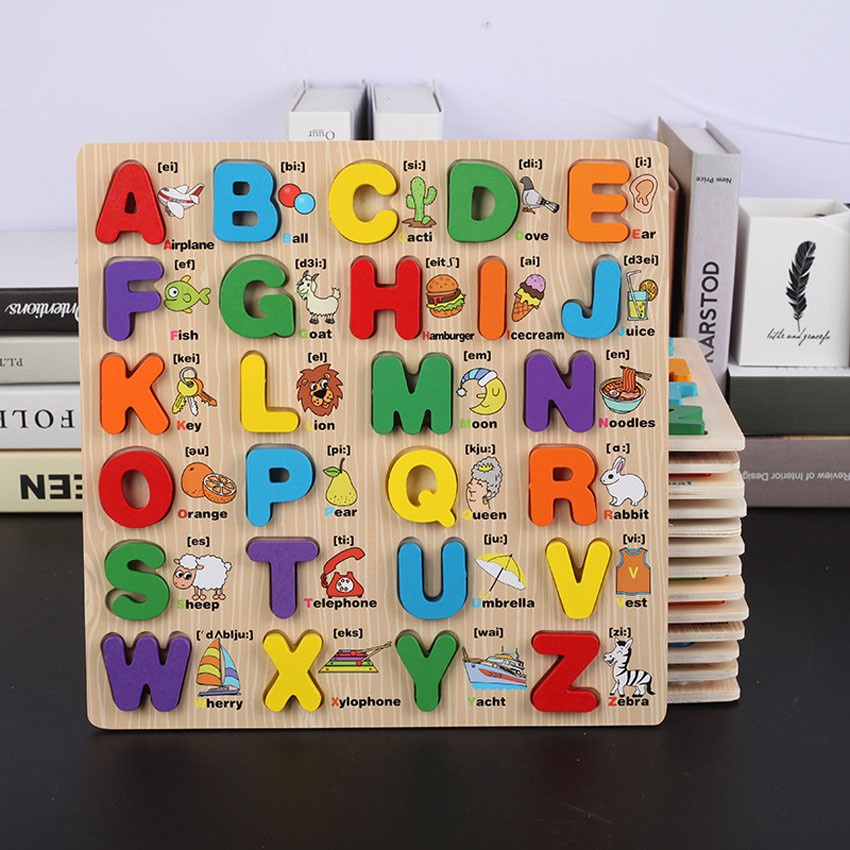 Bảng Chữ Cái tiếng Anh và Chữ Số bằng gỗ Cao Cấp có hình minh họa cho bé - kích thước 30x30cm