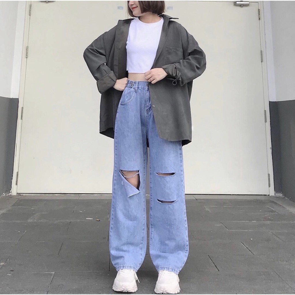 Quần Jean Ống Rộng SIMPLE JEAN - XANH RÁCH - Unisex 1hitshop | BigBuy360 - bigbuy360.vn