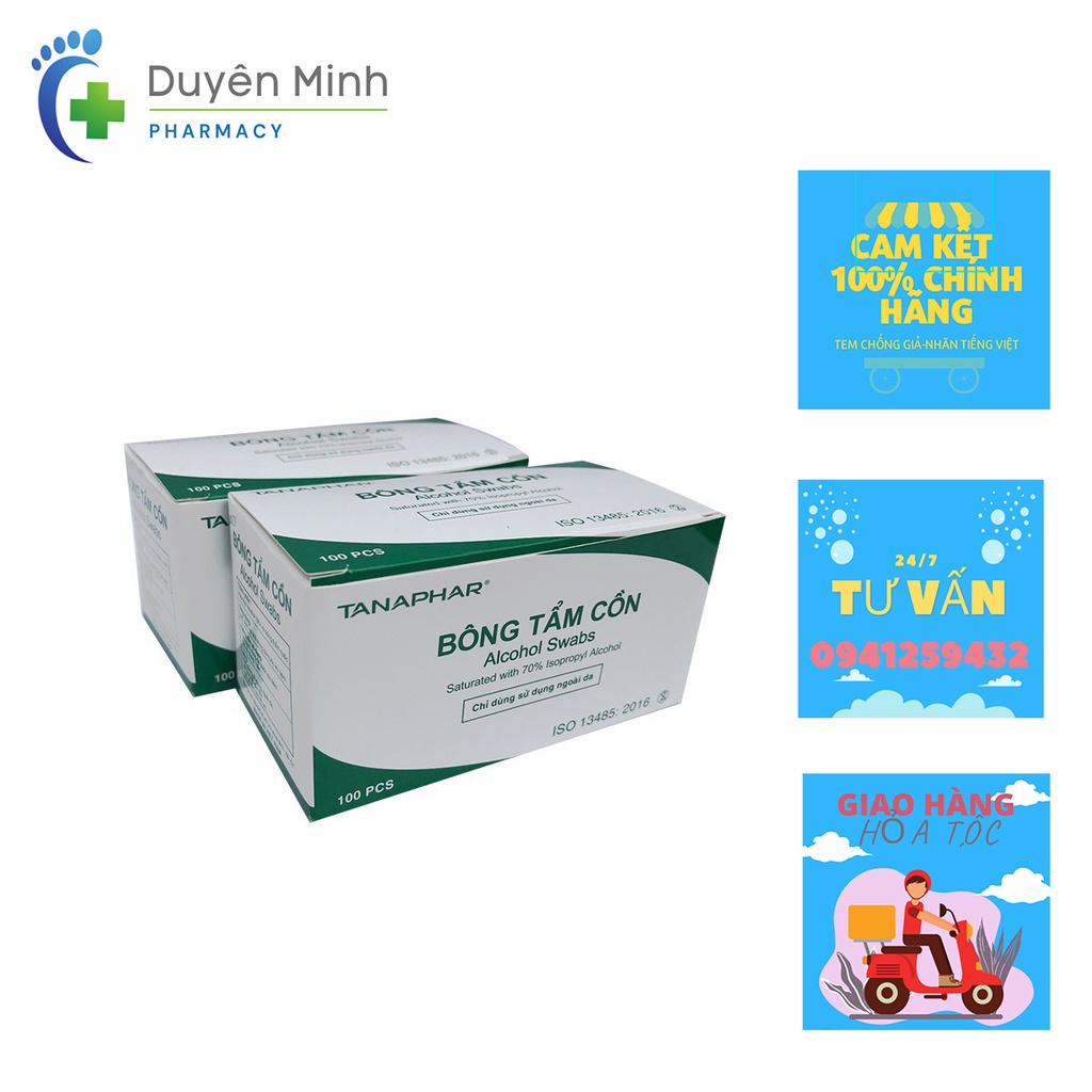 HỘP 100 BÔNG TẨM CỒN ALCOHOL SWABS TANAPHAR SÁT KHUẨN SÁT TRÙNG