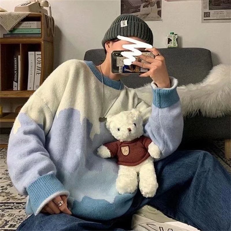 Áo sweater dệt kim tay dài cổ tròn nhuộm màu phong cách đường phố hip hop Hàn Quốc cho nam size M-2XL