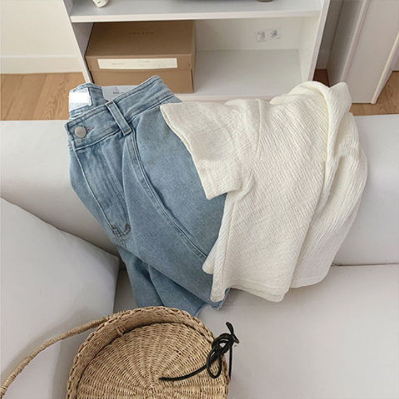 Áo thun gân xước cổ tròn, dáng croptop Phong cách ulzzang