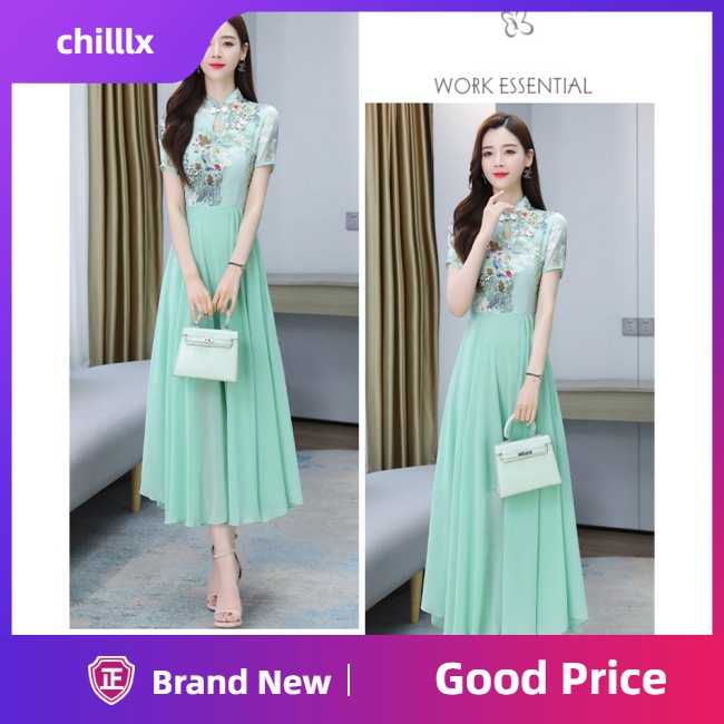 Đầm Sườn Xám Vải Voan Cổ Đứng In Họa Tiết Phong Cách Trung Hoa Cho Nữ