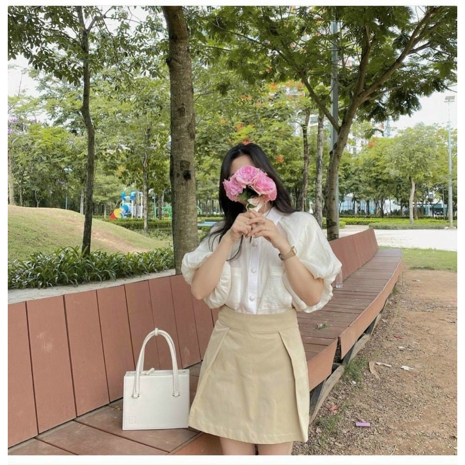 Set Áo Sơ Mi Tay Bồng Phối Chân Váy