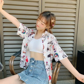 [Baywellfashion]Áo sơ mi tay ngắn hoạ tiết in phong cách retro