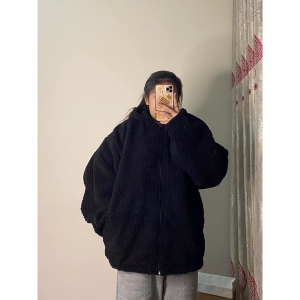 Áo hoodie zip lông đen siêu ấm phong cách Hàn Quốc Nhungkudo