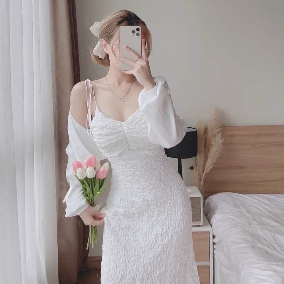 Set Váy Nữ,đầm 2 Dây Xôp Kèm Áo Khoác Thiết Kế Dáng Dài Midi Tiểu Thư Dự Tiệc Đi Biển Sang Chảnh Thời Trang [xm Minh