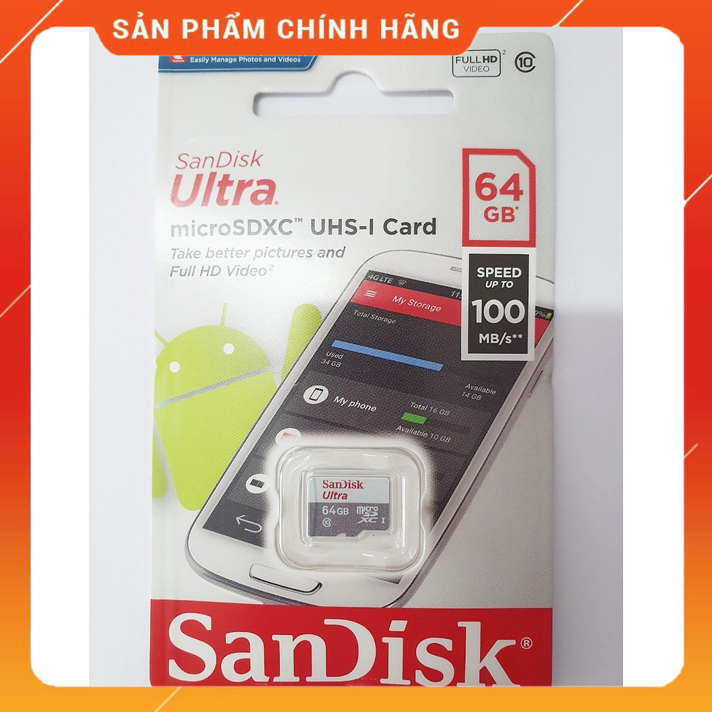 Thẻ Nhớ MicroSD SanDisk Ultra 64GB 100MB/s - Hàng Chính Hãng