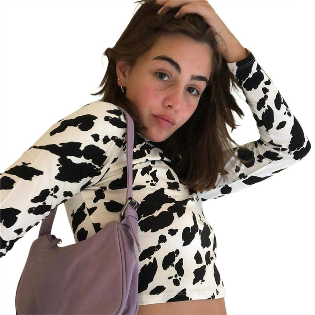 Áo thun croptop tay dài cổ lọ ôm dáng vừa vặn in họa tiết da bò sữa thời trang hè thu dành cho nữ
