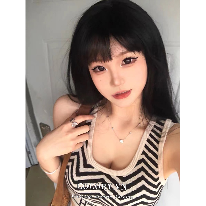 Cocory vn Áo Hai Dây Dệt Kim Cổ Chữ U Kẻ Sọc Quyến Rũ Thời Trang Mùa Hè Cho Nữ