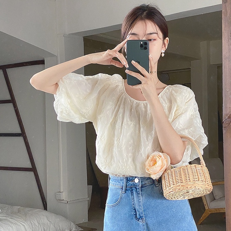 Áo Ren Cổ Tròn Thêu Họa Tiết Xinh Xắn Theo Phong Cách Retro Pháp 52852