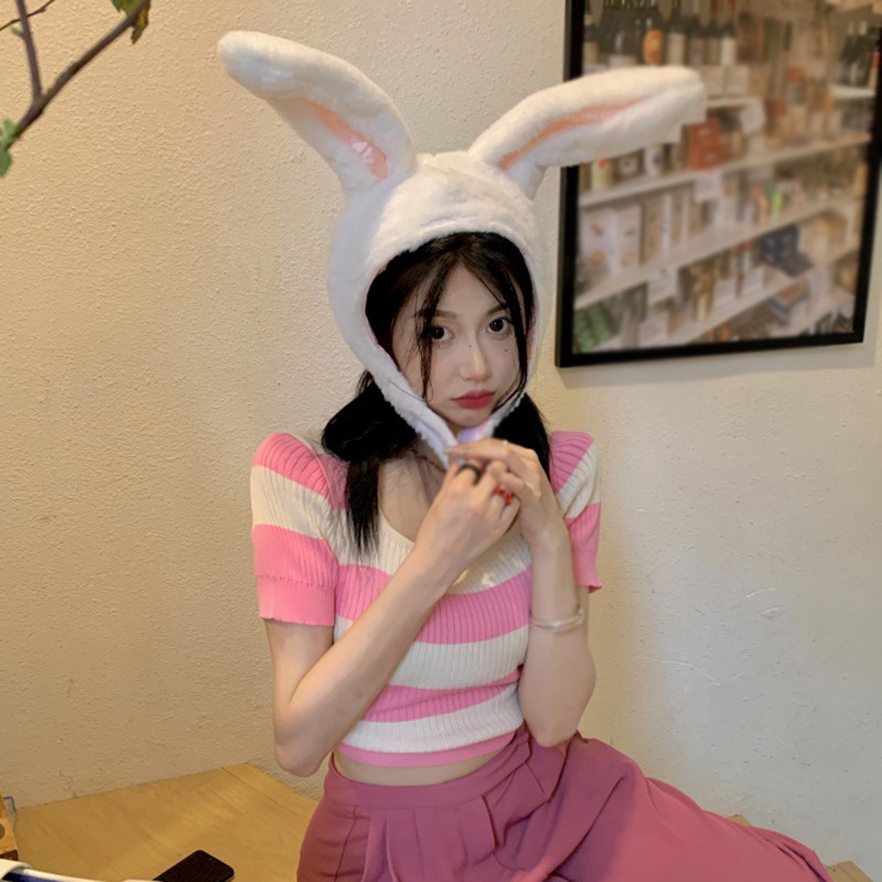 Áo Croptop Dệt Kim Tay Ngắn Cổ Vuông Họa Tiết Kẻ Sọc Thời Trang Mùa Hè Hàn Quốc Cho Nữ