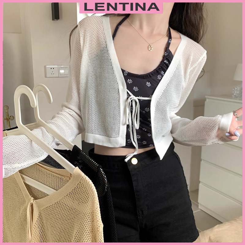 áo cardigan len croptop khoác ngoài nữ tay dài kiểu dệt kim len lưới mỏng chống nắng hàng đẹp Quảng Châu cao cấp