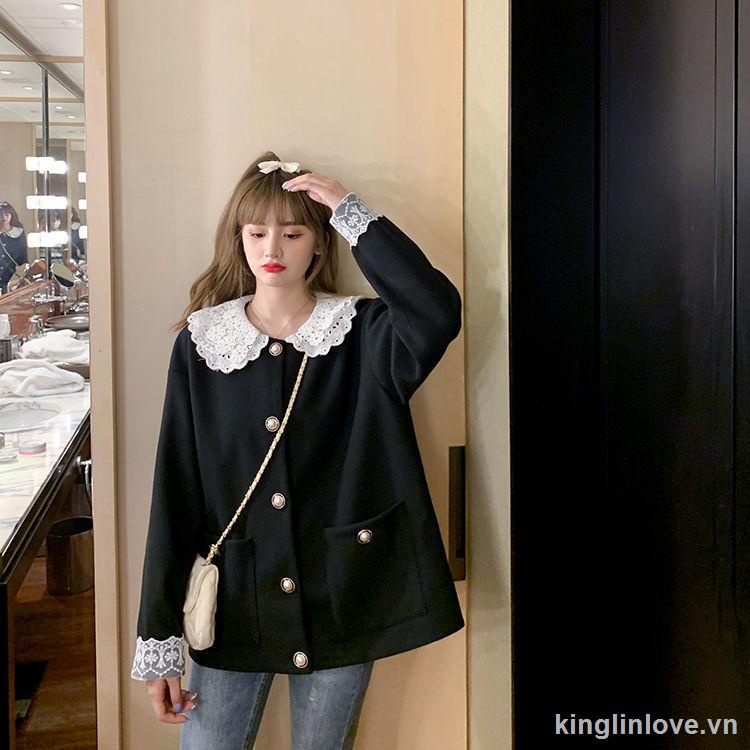 ❤Nước hoa quà tặng❤Đen Áo Khoác Cardigan Tay Dài Dáng Rộng Phối Ren Thời Trang Cho Nữ