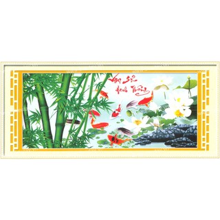 Tranh Thêu Chữ Thập Vạn Sự Hanh Thông 9 Cá Chép Quanh Hoa Sen Trắng IST589 (KHÁCH TỰ THÊU) KT:155X39CM