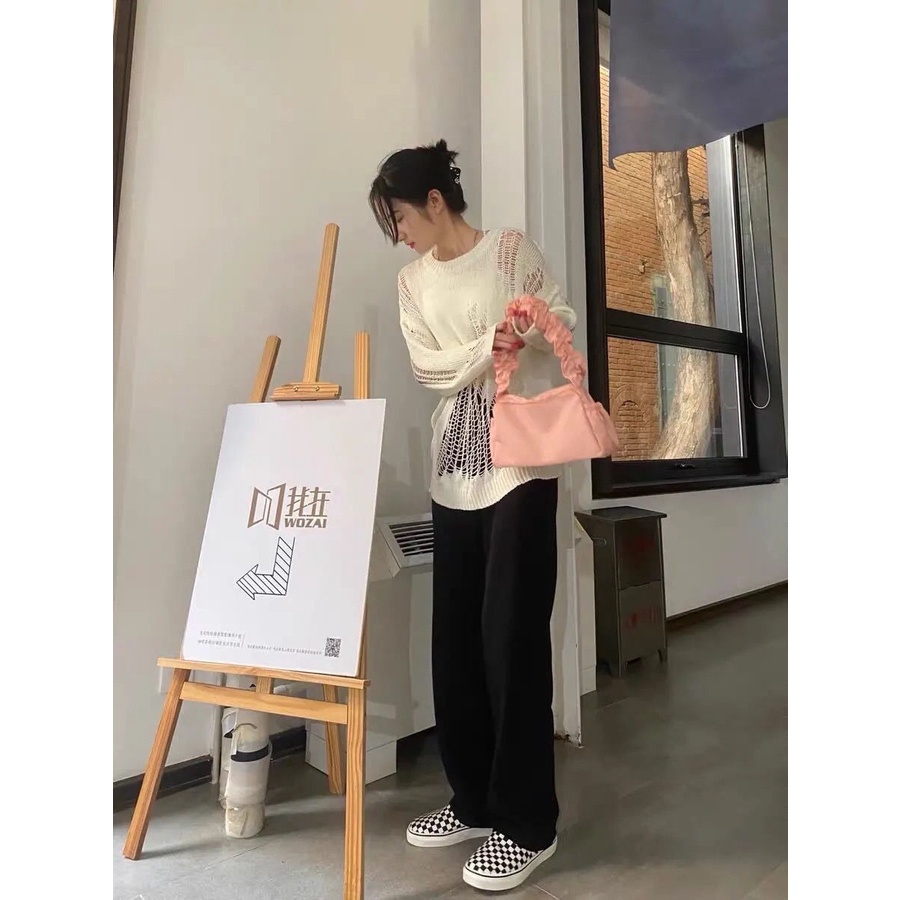 Summer long-sleeved hollow-out ice Silk Loose pullover top women's new mid-length thin sweater lazy style 1uo3