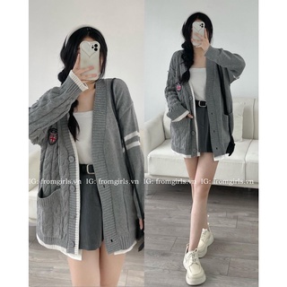 Áo len cardigan xám, áo khoác cardigan có túi có huy hiệu ngực siêu ấm - AL23