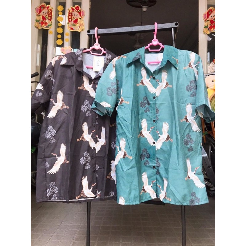 [Mã WAMT10K giảm 10k cho đơn 0k] Áo sơ mi unisex in hình hạc (đen/xanh) kèm ảnh thật | BigBuy360 - bigbuy360.vn