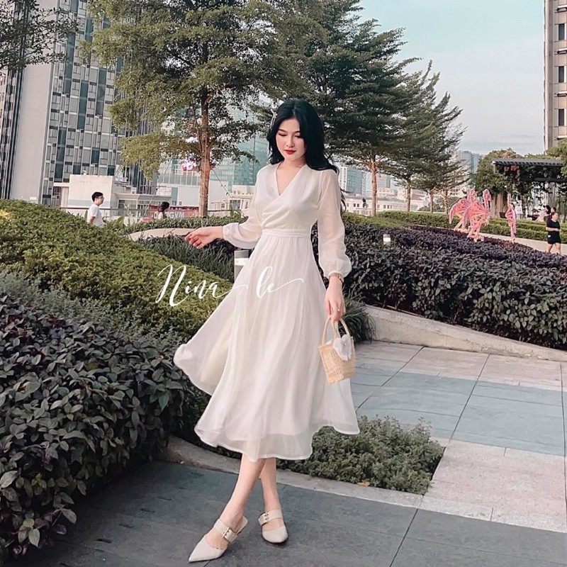 Đầm váy trắng 🌺Freeship🌺 tay dài phồng nhẹ, cổ đắp chéo chữ V dễ thương, thanh lịch | BigBuy360 - bigbuy360.vn