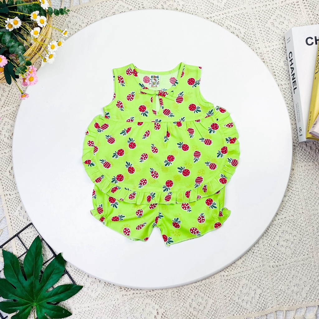 Bộ quần áo vải tôn  mẫu sát nách lai bèo tròn mềm - mịn - mát cho bé gái Megauu