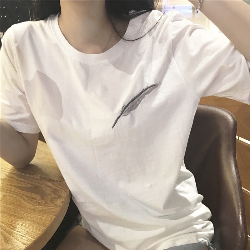 T-shirt female large student's versatile T-shirt versatile round neck small loose thin short sleeve retro Hong Kong Style t-shirt female