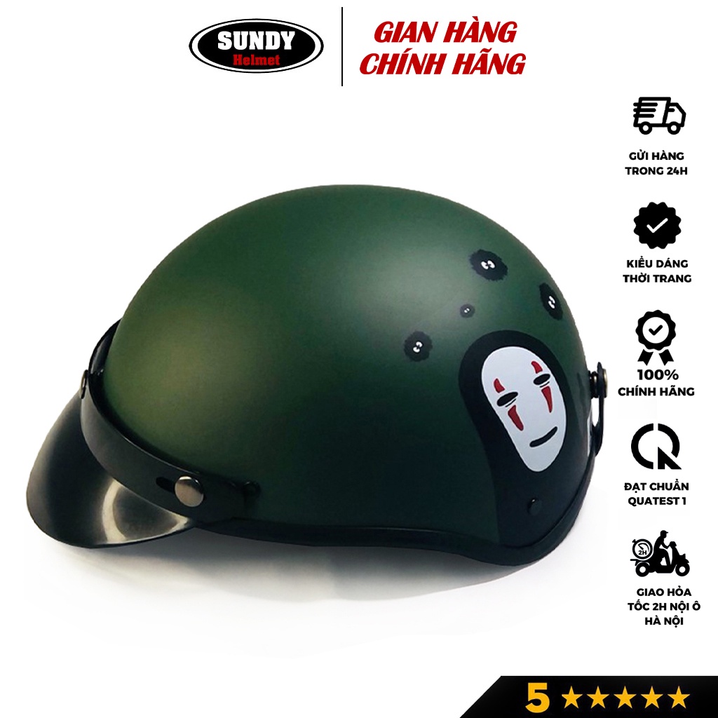 Nón bảo hiểm nửa đầu SUNDY, mũ thời trang 1/2 Freesize (55-59cm) tem hình Vô Diện, kèm kính UV, kính phi công
