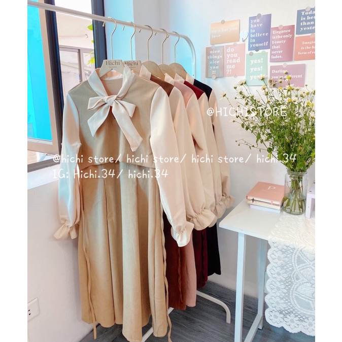 váy dài vintage thu đông ảnh thật video hichi 2 lớp