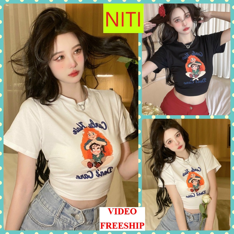 [VIDEO+FREESHIP ] ÁO CROPTOP KIỂU LỬNG NỮ CỔ TRÒN NGẮN TAY IN 2 CÔ BÉ MÀU TRẮNG MÀU ĐEN MỀM MỊN CO GIÃN CỰC CÁ TÍNH NITI