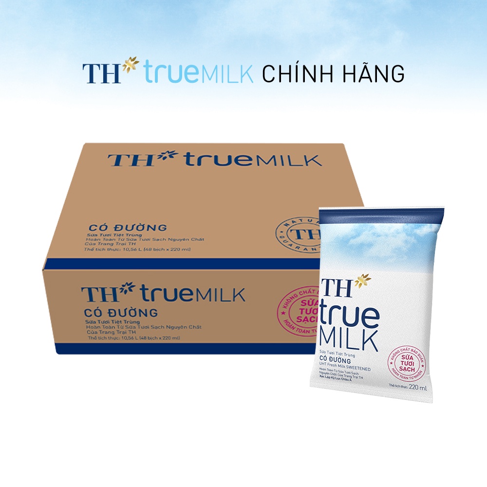 Thùng 48 bịch sữa tươi sạch có đường TH True Milk bịch giấy 220ml (220ml x 48)